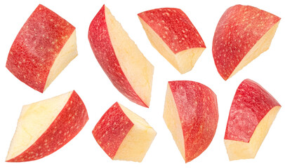 Falling apple slices isolated on white background, full depth of field
