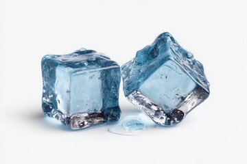 Two translucent ice cubes, slightly overlapping, on a white surface.  A small puddle of melted ice lies beneath them