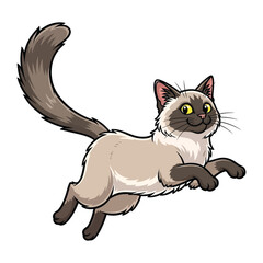 Siamese Cat in Playful Motion: A vibrant cartoon illustration of a Siamese cat, mid-leap with an animated expression, embodies the playful spirit and energy.