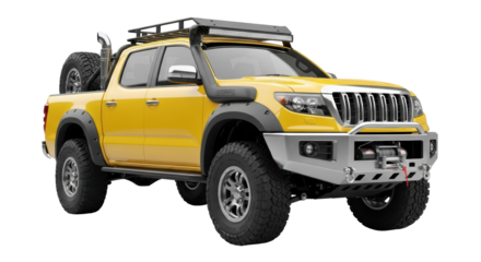 Isolated yellow truck modified for off-road use, elevated spare tire, and snorkel intake