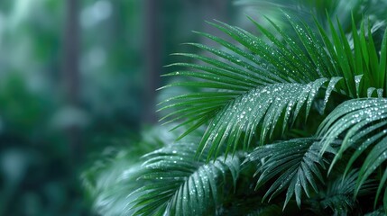 Lush Green Palm Leaves with Water Droplets in a Tropical Jungle Environment with Soft Lighting and Blurred Background
