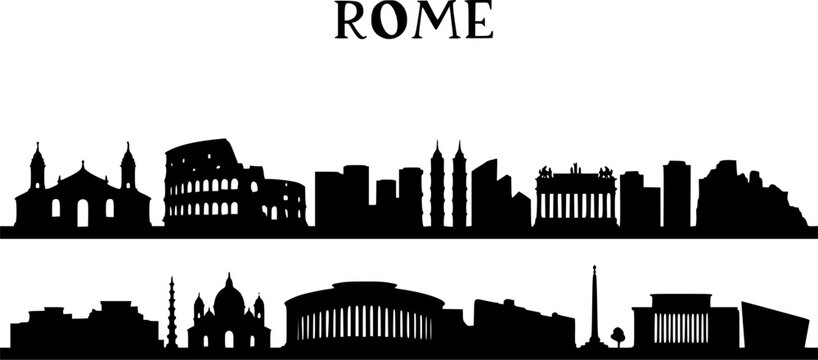 Rome city skyline horizontal banner. Black Rome city, Italy. Vector template for your design. Vector black silhouette. with white background

