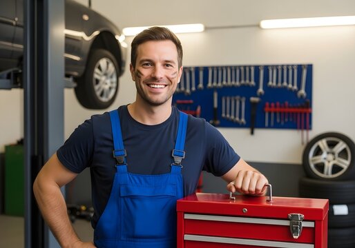 Smiling mechanic holding a red toolbox in a garage
