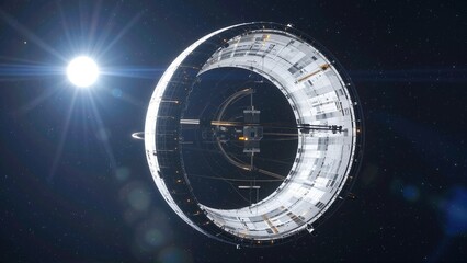 Majestic ring-shaped celestial station orbits a brilliant star, casting luminous rays across the cosmic expanse.