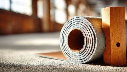 Rolled yoga mat resting on floor. Wooden holder. Interior setting