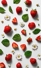 Fresh strawberries, leaves, and flowers arranged on a white background