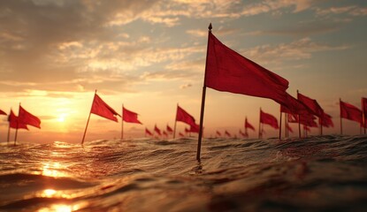 Many red flags float on rippled water at sunset