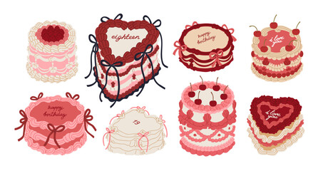 Cakes set. Round, heart shape holiday confectionery in vintage style. Festive patisserie with whipped cream swirls, cherry, bows decor. Flat graphic vector illustrations isolated on white background.