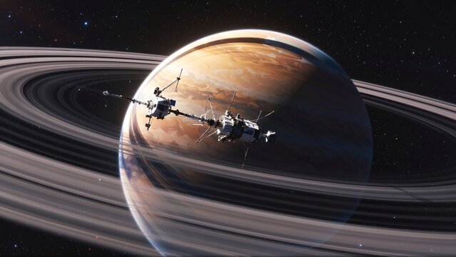 Majestic Ringed Planet Hosts Intricate Spaceship Amidst Cosmic Brilliance and Distant Stars - Powered by Adobe