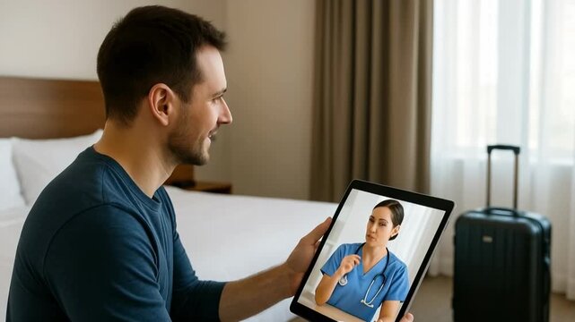 Video call interaction hotel room digital communication indoor setting side view remote connectivity concept - Powered by Adobe