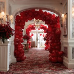 Red balloon archway in a grand hallway (1)