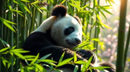 Obraz premium Panda eating bamboo in a forest close up portrait