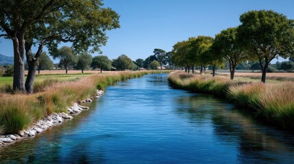 Lush Green Trees Lining a Serene Blue Canal Under Clear Skies Creating a Picturesque Waterscape