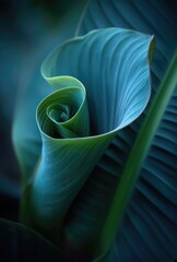 A close-up view of a spiraling leaf, showcasing intricate textures and vibrant teal and emerald hues.