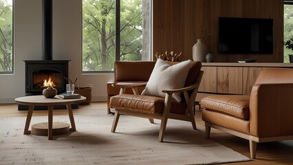 A modern cozy Scandinavian-style living room filled with bright daylight pouring in through large windows, captured in a realistic and highly detailed photo, 