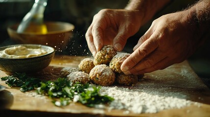 Male hands preparing falafel balls with flour and herbs in rustic kitchen