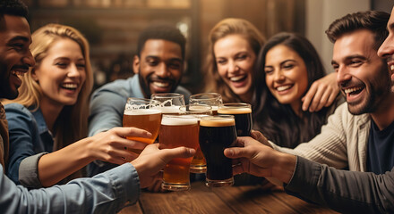 A diverse group of friends laughing and toasting with glasses of beer at a bar.