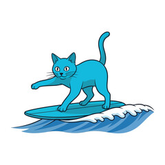 Surfing Cat: A cartoon blue cat skillfully surfs a wave on a vibrant surfboard, capturing the essence of adventure, thrill, and freedom.