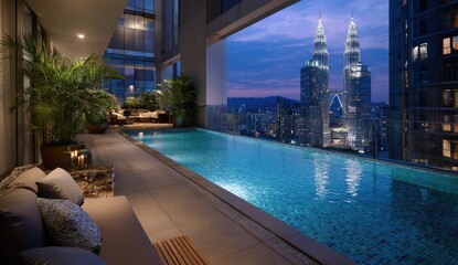 Rooftop infinity pool with city skyline view