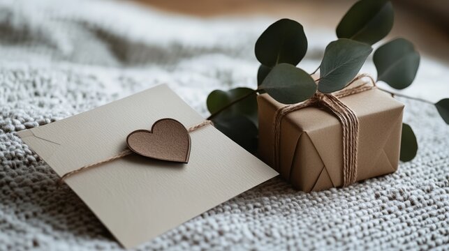 Rustic gift with heart card and eucalyptus on knit blanket