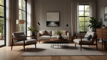 A modern cozy Scandinavian-style living room filled with bright daylight pouring in through large windows, captured in a realistic and highly detailed photo, 