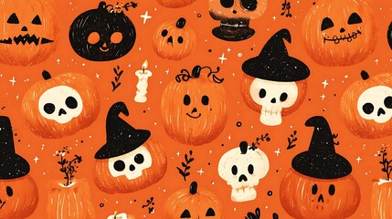 Charming spooky pumpkins with silly scary faces and tiny skulls, candles, witch hat on orange