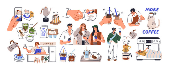 Coffee set. Morning caffeine drink brewing. Barista, friends with espresso, cappuccino, latte art. Coffe machine, matcha cup, filter and moka pot. Flat vector illustration isolated on white background