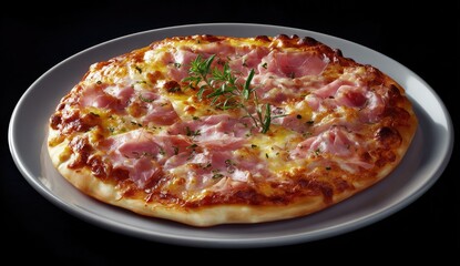 Round pizza with ham and cheese, garnished with fresh rosemary, on a gray plate against a black background