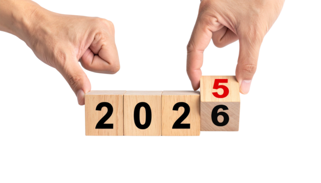 Hand holding wooden word blocks to spell out digit 5 to 6  for a new year 2025 to 2026 on PNG white background.