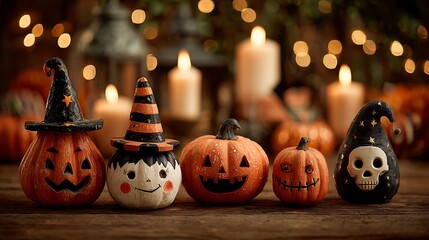 Whimsical scary pumpkins with cute carved faces, skulls, candles, witch hat on orange