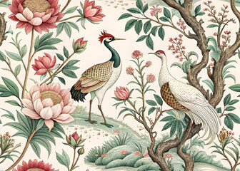 Elegant Cranes and Floral Design Botanical Illustration featuring two cranes amidst lush flowering plants