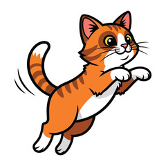 Jumping Ginger Tabby Cat: A cheerful ginger tabby cat leaps through the air with joy, exuding energy, mischief and playful curiosity in an eye-catching illustration.