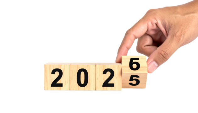 Hand holding wooden word blocks to spell out digit 5 to 6 for a new year 2025 to 2026 on PNG white background.