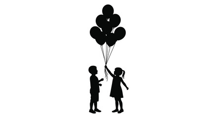 Children reaching for floating balloons in a simple black silhouette