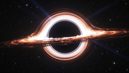 A celestial spectacle: a supermassive black hole devours matter, illuminating the cosmic void with a fiery, swirling accretion disk against a star-studded backdrop.