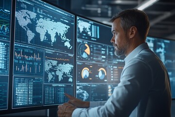 Business executive using a digital interface to monitor workflow efficiency and process optimization for corporate goals