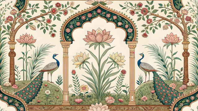 Elegant Peacock and Lotus Flower Garden Illustration with Mughal Architectural Arches