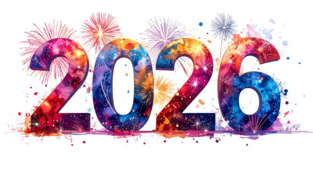 Abstract flower vector art design with colorful splashes of spring ink written 2026 isolated on white background.