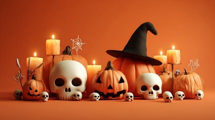 Playful scary pumpkin carvings with tiny skulls, glowing candles, witch hat on orange backdrop