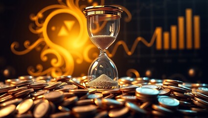 Hourglass and coins with financial chart background