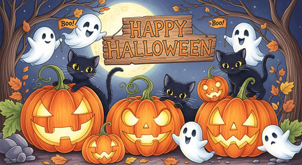 A whimsical Halloween scene featuring glowing jack-o'-lanterns, playful black cats, and friendly ghosts under a full moon with autumn leaves.