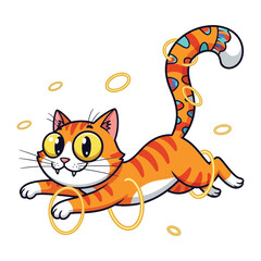 Cat's Playful Leap: A whimsical illustration captures a cheerful cartoon cat leaping through golden rings, exuding energy and playfulness.