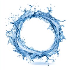 Circular water splash, vibrant blue,  forming a ring, against a white background.  A dynamic, fluid display