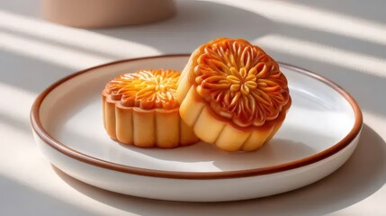 黄金色の月餅が白い皿に並ぶ穏やかな光