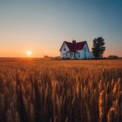 White farmhouse in golden wheat field at sunrise