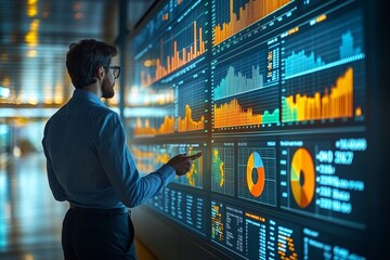 Business advisor presenting yearly revenue report on a large screen with bar charts and pie charts concept of fiscal analysis and investment review
