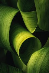 Intricate swirls of vibrant green leaves, exhibiting a captivating interplay of light and shadow.