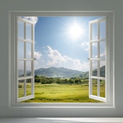 Open window, vibrant landscape view