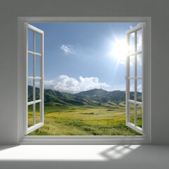 Open window view of a sunny landscape