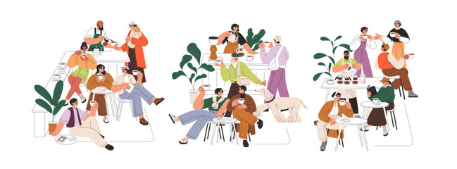 Coffee shop, coffeehouse community, club. People gathering for cupping, morning party. Barista brewing drink for tasting. Specialty culture. Flat vector illustration isolated on white background.